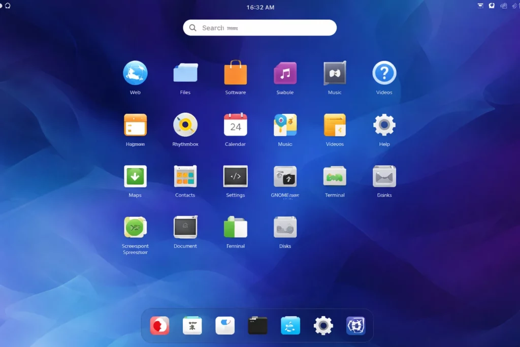 Fedora Linux обзор — рабочий стол GNOME с открытым центром приложений и терминалом